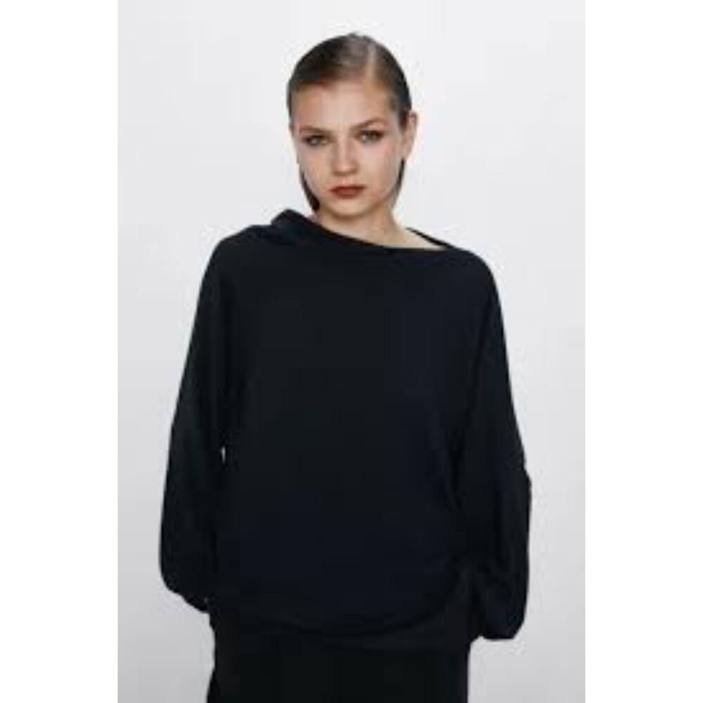 NWT ZARA Draped Flowy Asymmetrical Long Sleeves Blouse, Black, Size XL